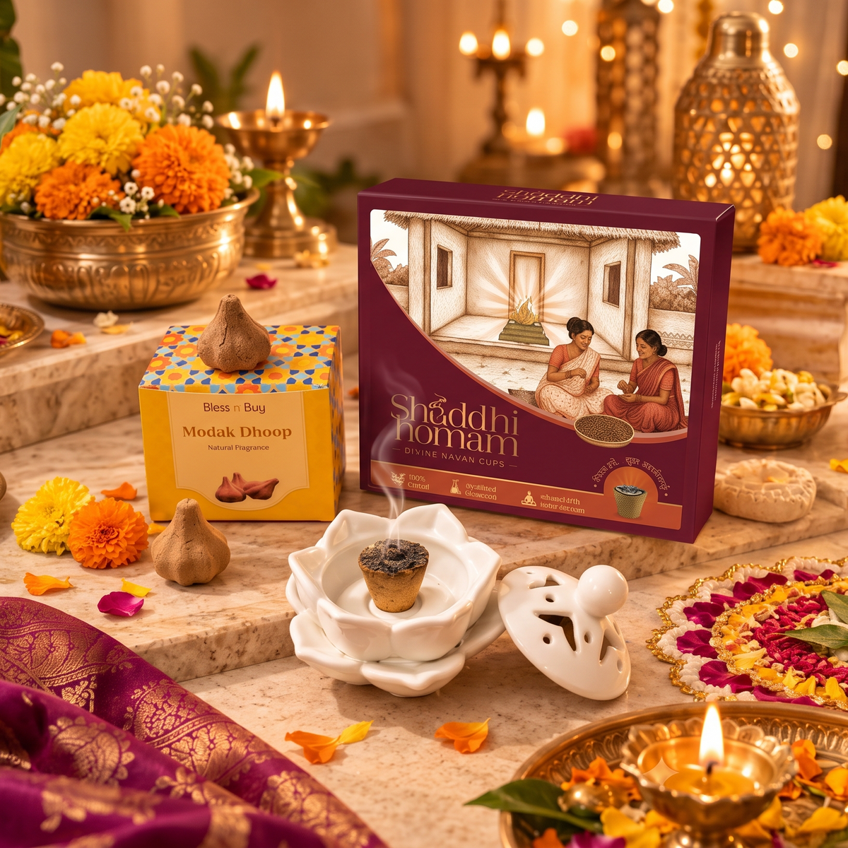 Shuddhi Homam Cups, Modak Dhoop with Ceramic holder